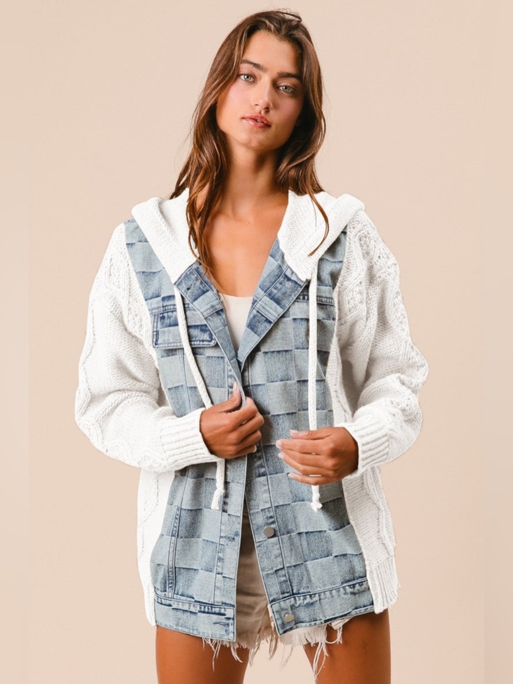 BiBi White Knit & Light Blue Patchwork Denim Hooded Jacket